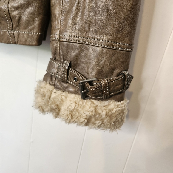 Vintage Leather Jacket Green Aviator Shearling Collar Cuffs 1990s Womens Medium - Picture 2 of 16